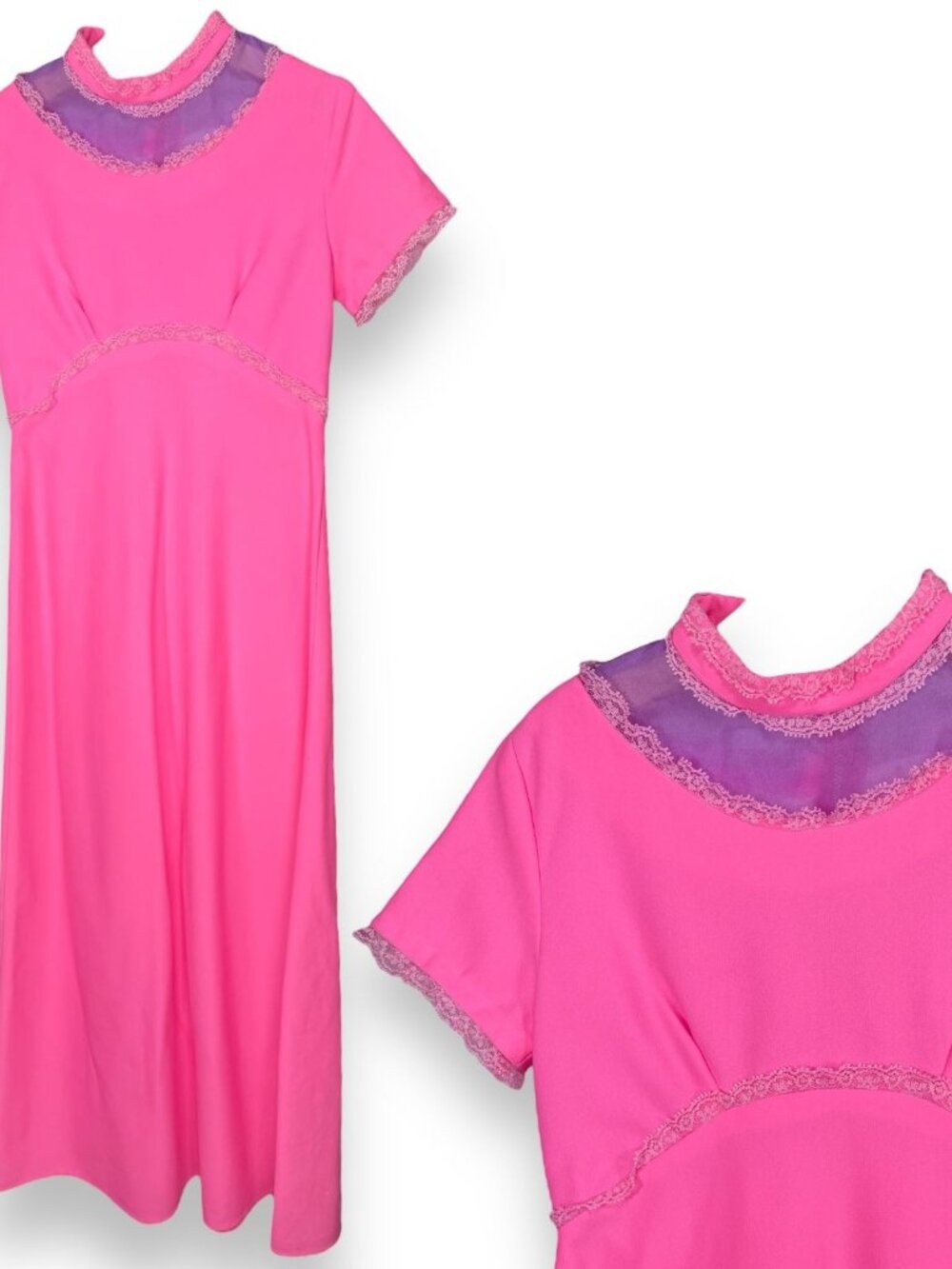 Vintage 1960s / 1970s Girls Hot Pink + Purple Mod Maxi Dress 6 - 8